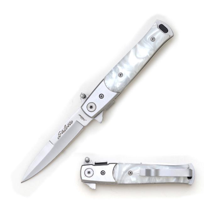 Stiletto Style White Pearl Spring Assisted KNIFE