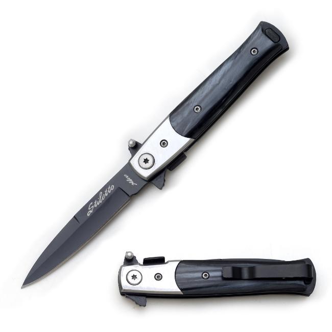 Stiletto Style Black Wood Spring Assisted KNIFE