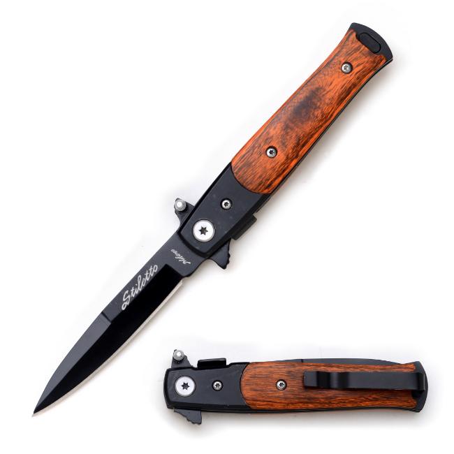 Stiletto Style Brown Wood Spring Assisted Knife