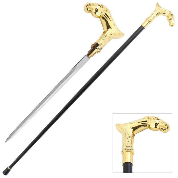 Snake eye Gold ''Horse head'' Walking Cane With Sword 37'' Overall