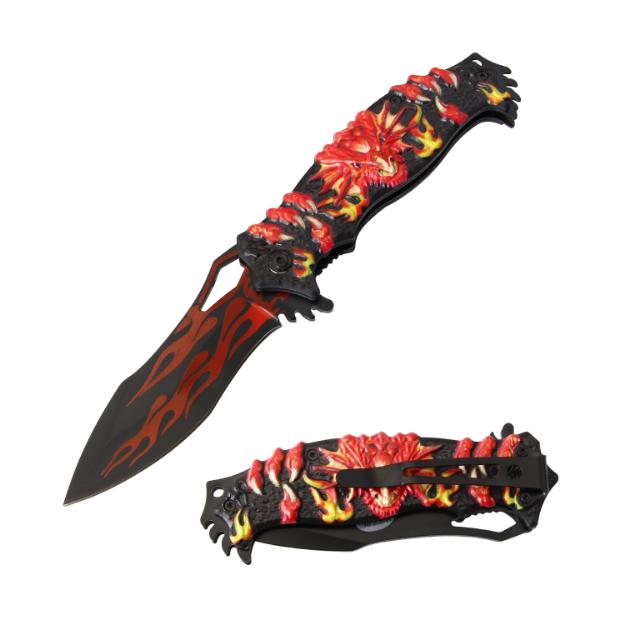 Snake Eye Fantasy Red Dragon Style Spring Assist Knife