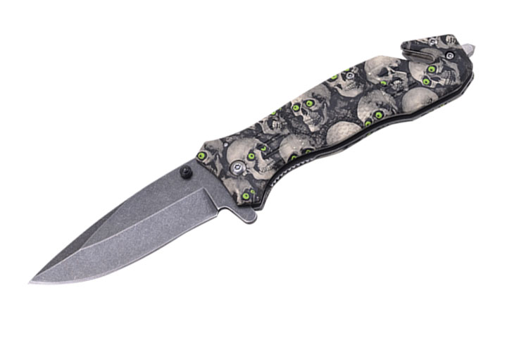Skull Rescue Style Spring Assist Knife 4.5'' Closed Grey