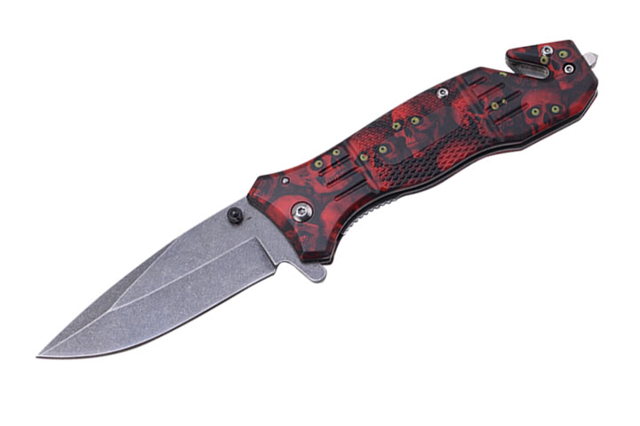 Skull Rescue Style Spring Assist Knife 4.5'' Closed Red