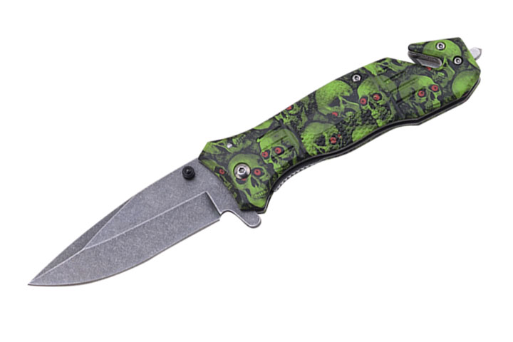 Skull Rescue Style Spring Assist KNIFE 4.5'' Closed Green