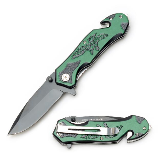 Eagle Design Rescue Style Green Spring Assist Knife