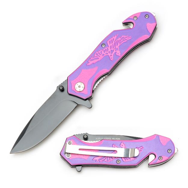 Eagle Design Rescue Style Pink Spring Assist Knife