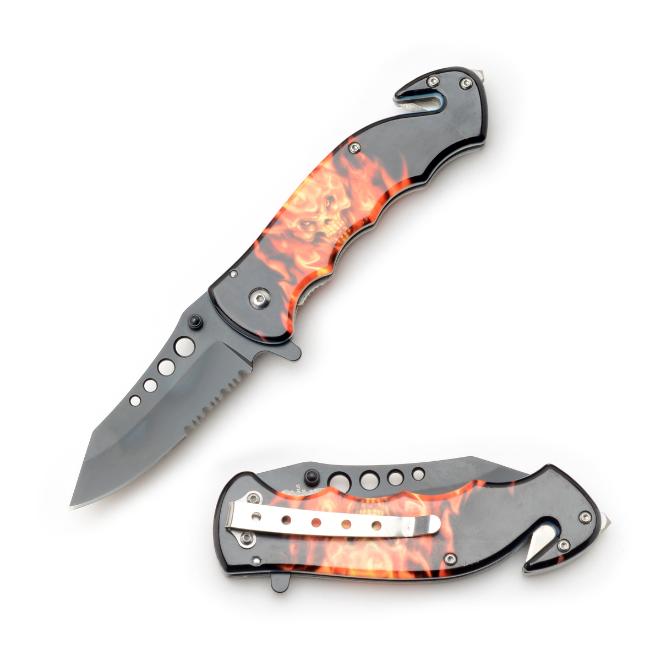 ''Flaming Skull ''Rescue Spring Assist Knife 4.75'' Closed with Clip