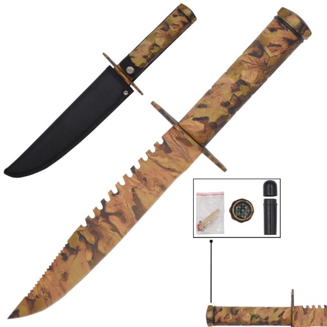 SURVIVAL KNIFE 15'' Overall W/Case & SURVIVAL Kit. Brown Camo
