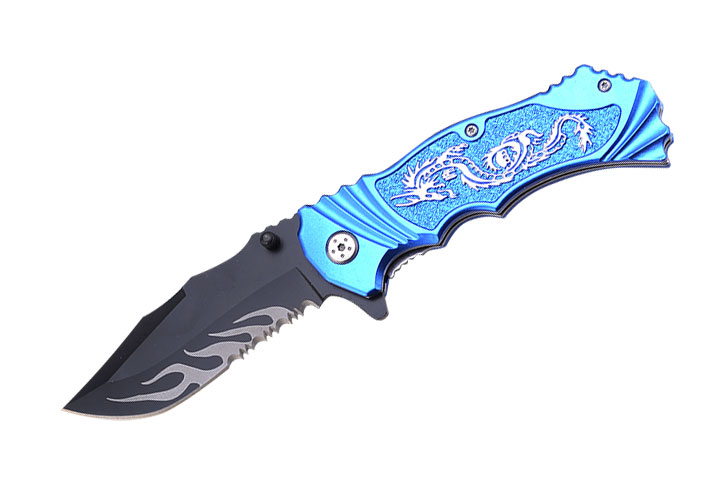 '' Dragon '' Fantasy Collection Spring Assist KNIFE Blue 4.5''