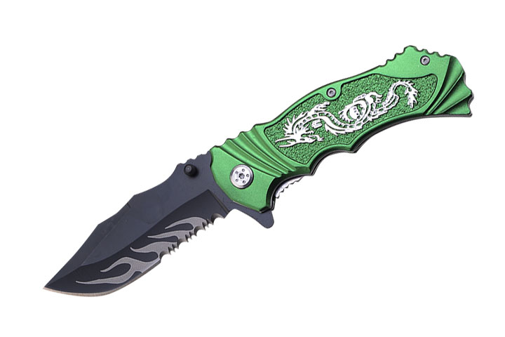 '' Dragon '' Fantasy Collection Spring Assist KNIFE Green 4.5''