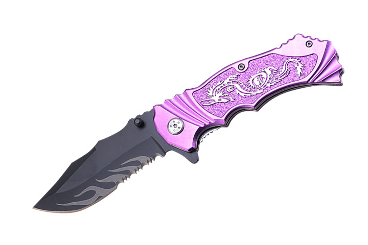 '' Dragon '' Fantasy Collection Spring Assist KNIFE Purple 4.5''