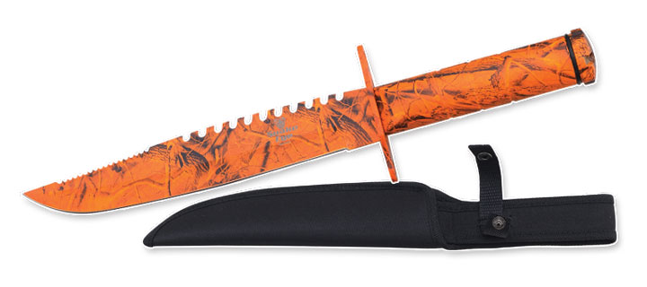 Survival KNIFE 15'' Overall W/Case & Survival Kit. Orange Camo