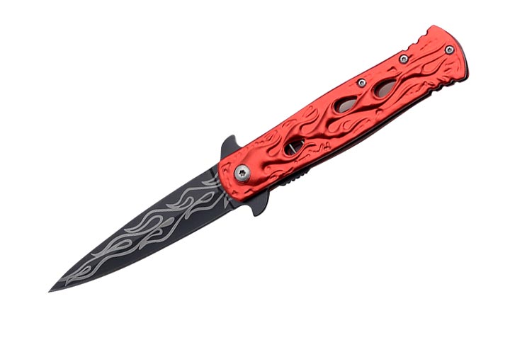 SNAKE EYE TACTICAL BIKER FLAME DESIGN SPRING ASSIST KNIFE RED