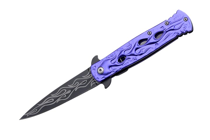 SNAKE EYE TACTICAL BIKER FLAME DESIGN SPRING ASSIST KNIFE PURPLE