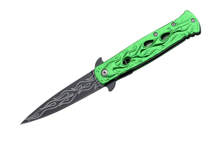 SNAKE EYE TACTICAL BIKER FLAME DESIGN SPRING ASSIST KNIFE GREEN