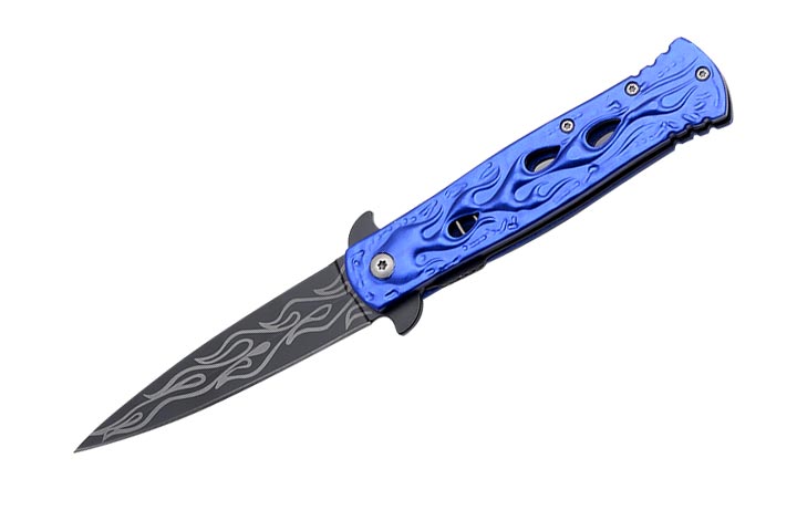 SNAKE EYE TACTICAL BIKER FLAME DESIGN SPRING ASSIST KNIFE  BLUE