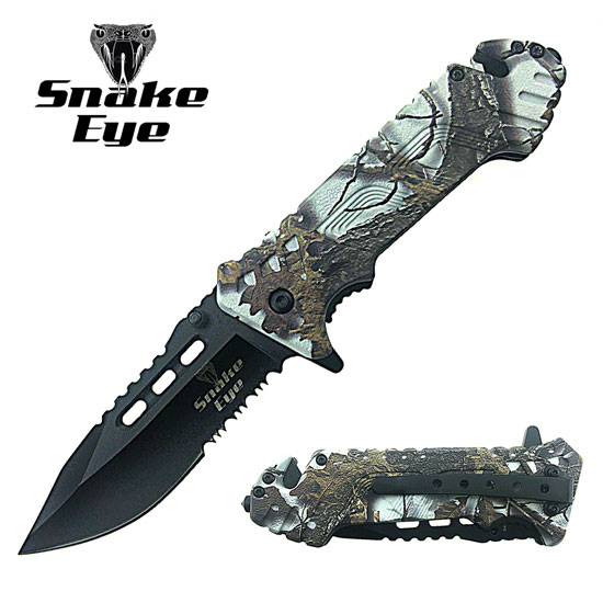 SNAKE EYE TACTICAL CAMO SPRING ASSIST KNIFE 4.5'' CLOSED( CM1)