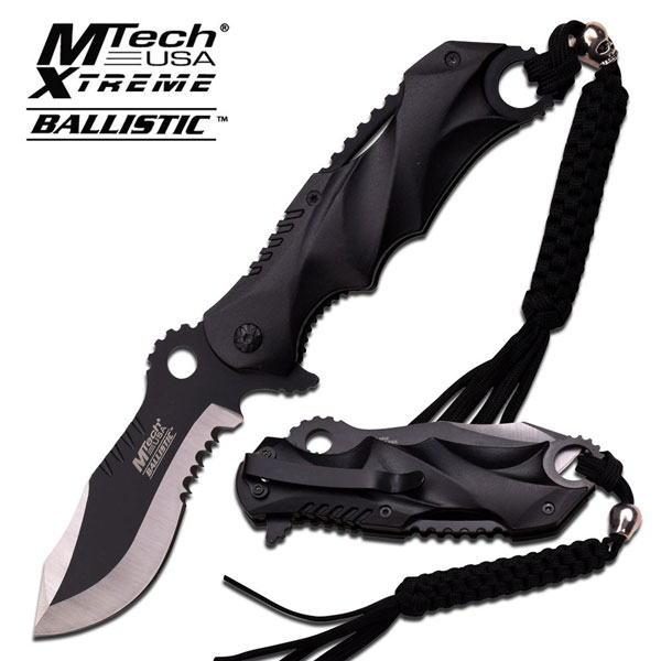 M-Tech Black Handle Ballistic Assist KNIFE W/ Lanyard 4.5''