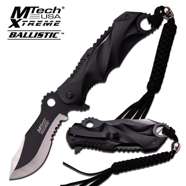 M-Tech Black Handle Ballistic Assist Knife W/ Lanyard 4.5''