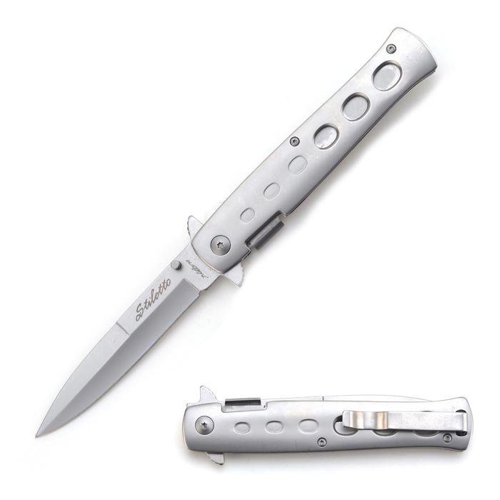 Snake Eye Tactical Silver Stiletto Style Folding KNIFE
