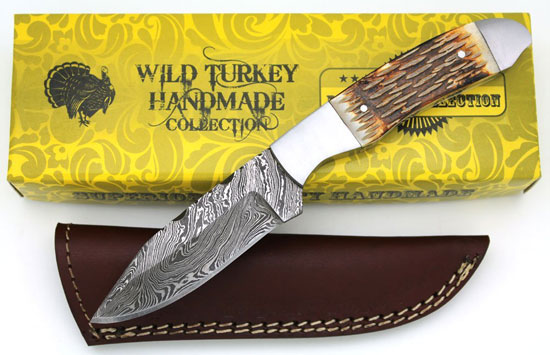 Wild Turkey Handmade Damascus Burned Bone Handle Fixed Blade