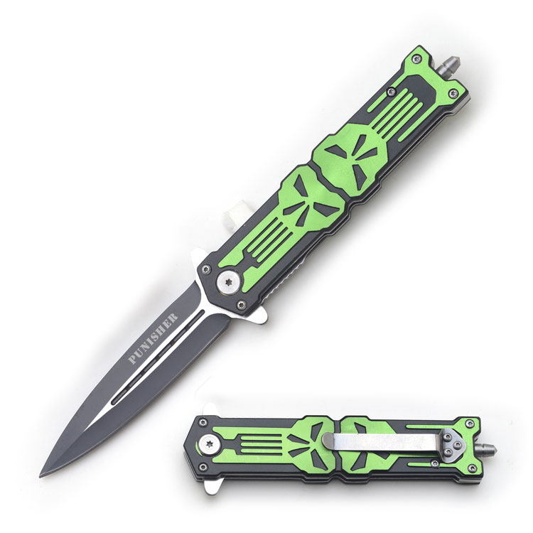 '' Punisher '' Action Assist Knife.W/Glass Breaker & Clip 5'' Closed