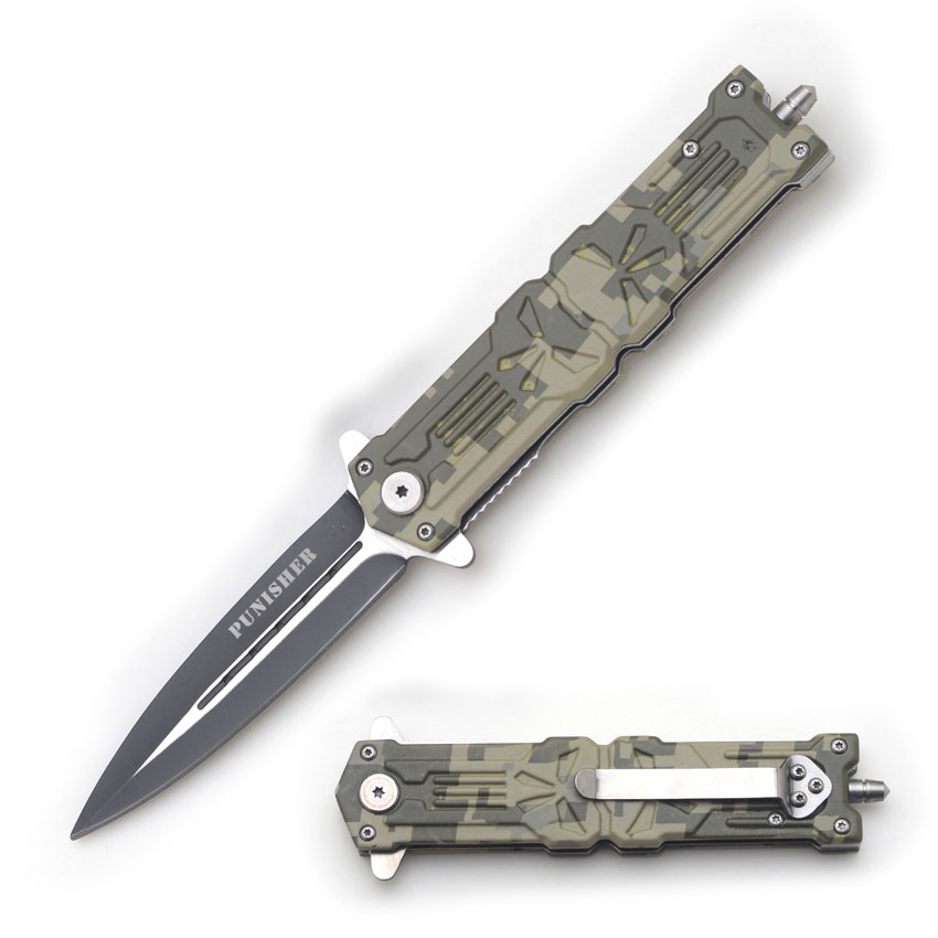 '' Punisher '' Spring Assist KNIFE.W/Glass Breaker & Clip 5'' Closed