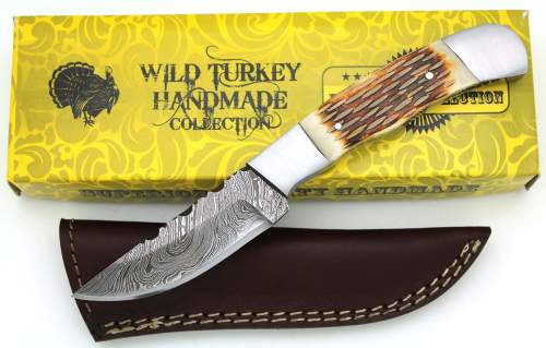 Wild Turkey Handmade Damascus Burned Bone Handle Fixed Blade