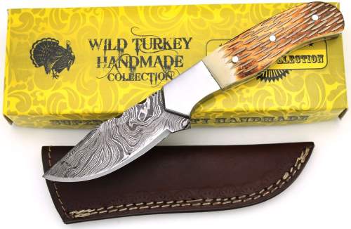 Wild Turkey Handmade Damascus Burned Bone Handle Fixed Blade