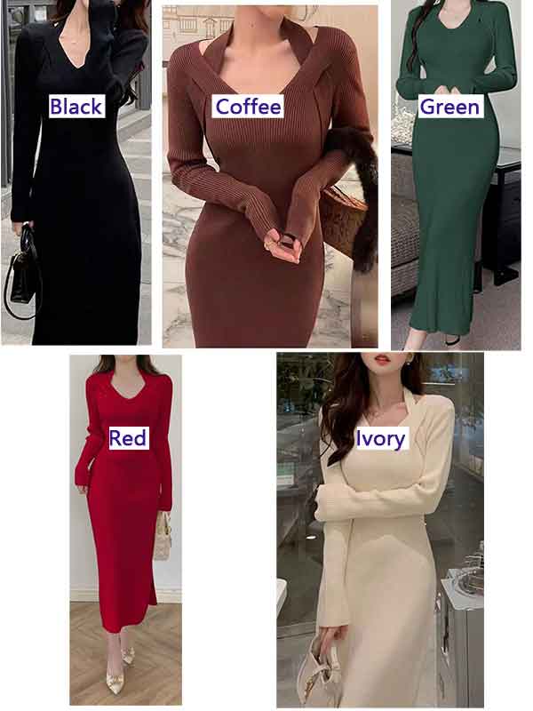 Knitted Dress Womens Bodycon Slit Long Halter Neck Skirt