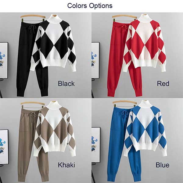 2 Piece Sweater Set Womens Knitted Color Block Two Piece Set