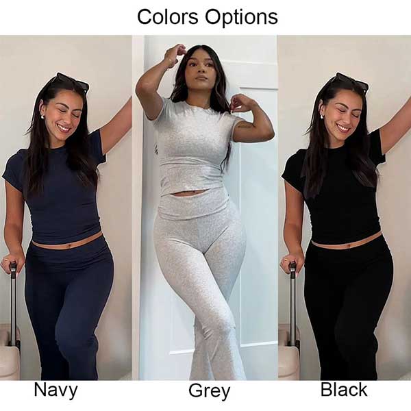 Women?s 2 Piece Outfits SHORT Sleeve Crop Top Flare Pants Set