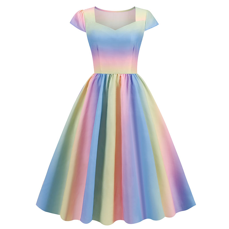 Rainbow Dress Women?s Scoop Neck Cap Sleeve Swing Dress