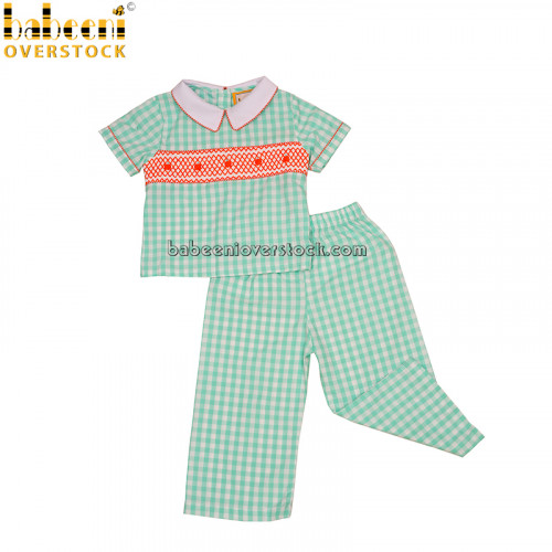 Thanksgiving pumpkin mint check smocked boy set (baby clothes)