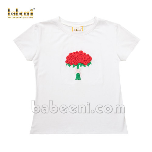 White women T-shirt with bead flowers hand embroidery pattern