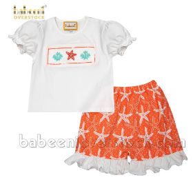 Short girl set white coral smocked stafish (baby clothes)