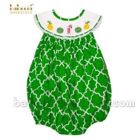 Smocked lemon green lattice girl bubble (baby clothes)