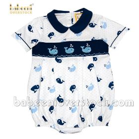 Smocked whale boy bubble navy and white (boy CLOTHING)