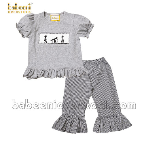 Petroleum mining smocked gray girl long set (baby clothes)