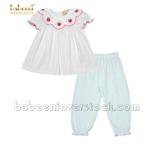 Embroidered strawberry white and dot girl long set (baby clothes)