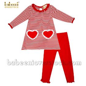 Red heart striped red and white girl long set (girl CLOTHING)