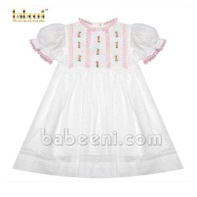 Embroidery FLOWER pink lace white swiss dot dress (baby clothing)