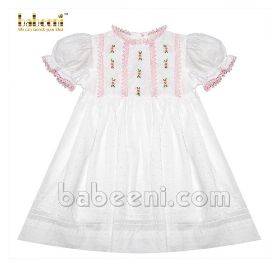 Embroidery flower pink lace white swiss dot dress (baby CLOTHING)