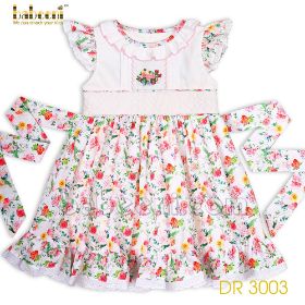 Pink Flower Pin-tuck embroidery girl dress (baby clothes)