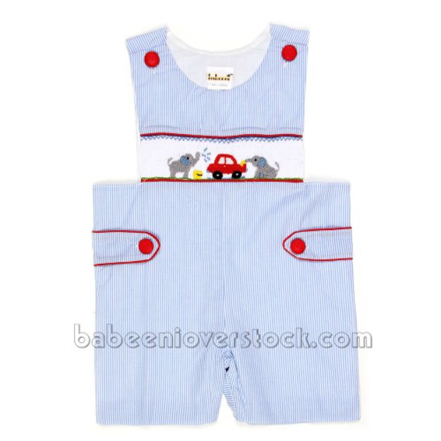 Adorable elephant with CAR smocked boy shortall