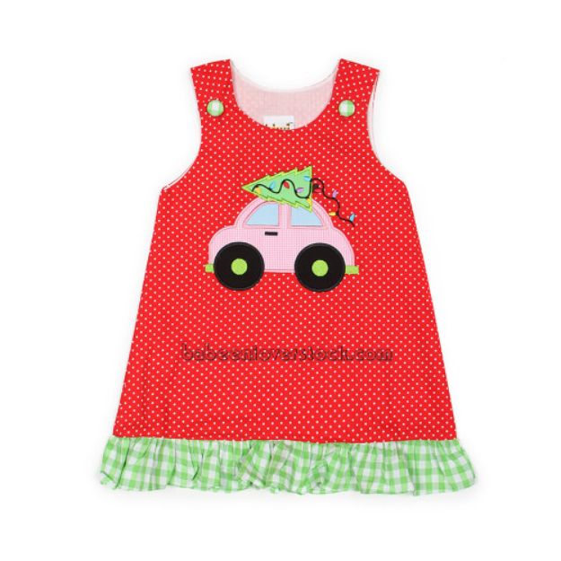 Cute X-mas tree car appliqued girl A-line dress