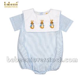 Embroidery rabbit on bib blue stripe seersucker boy bubble