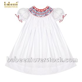 Red and navy geometric smock white pique DRESS