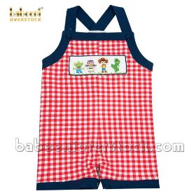 Cartoon characters boy red check shortall