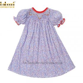Cute tiny blue and red flower geometric smocked DRESS